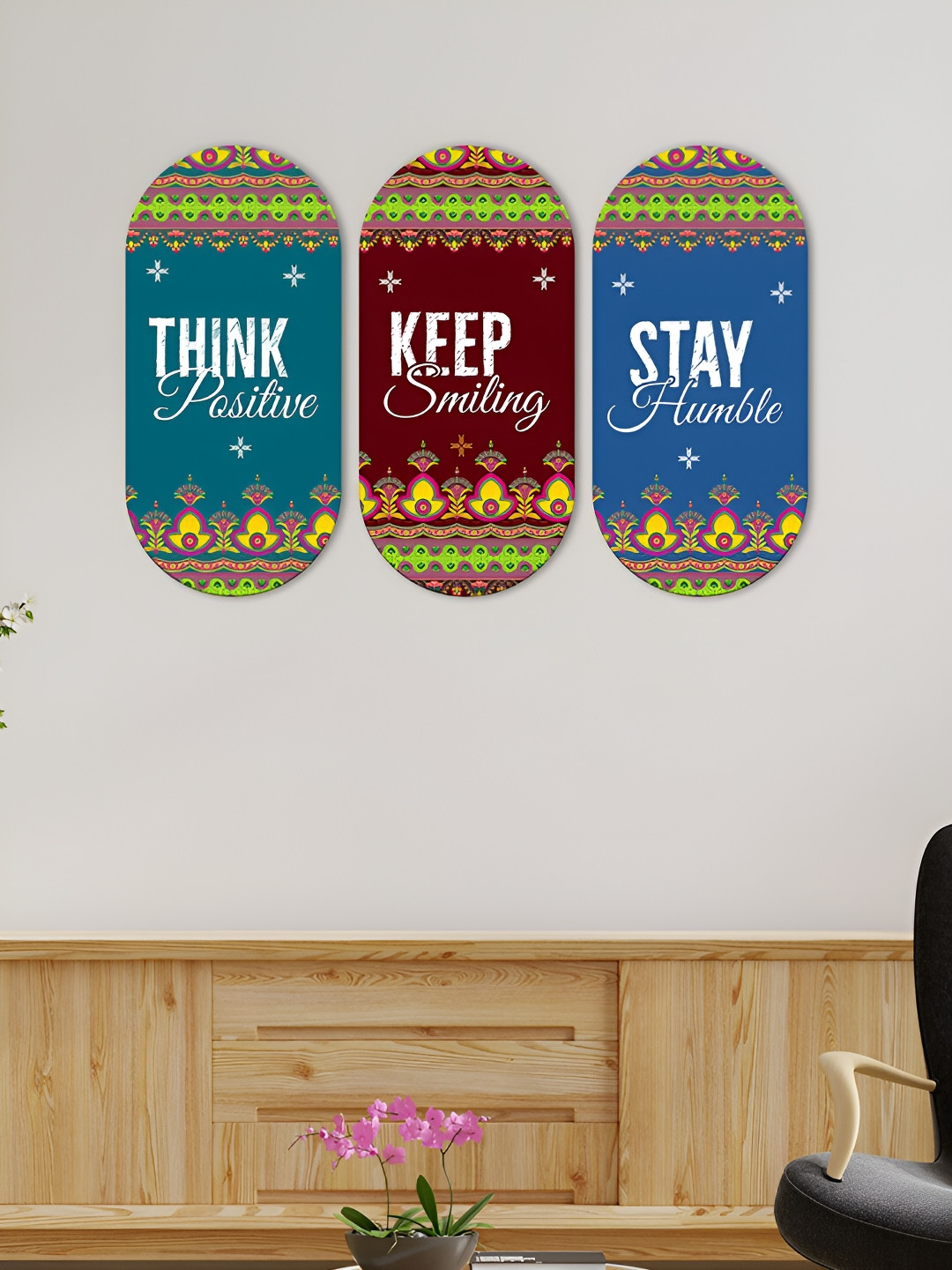 ArtVibes eep Smiling Quotes Wood Floral Glossy Hanging Hall 3Pcs Wall Hangings-11.5In