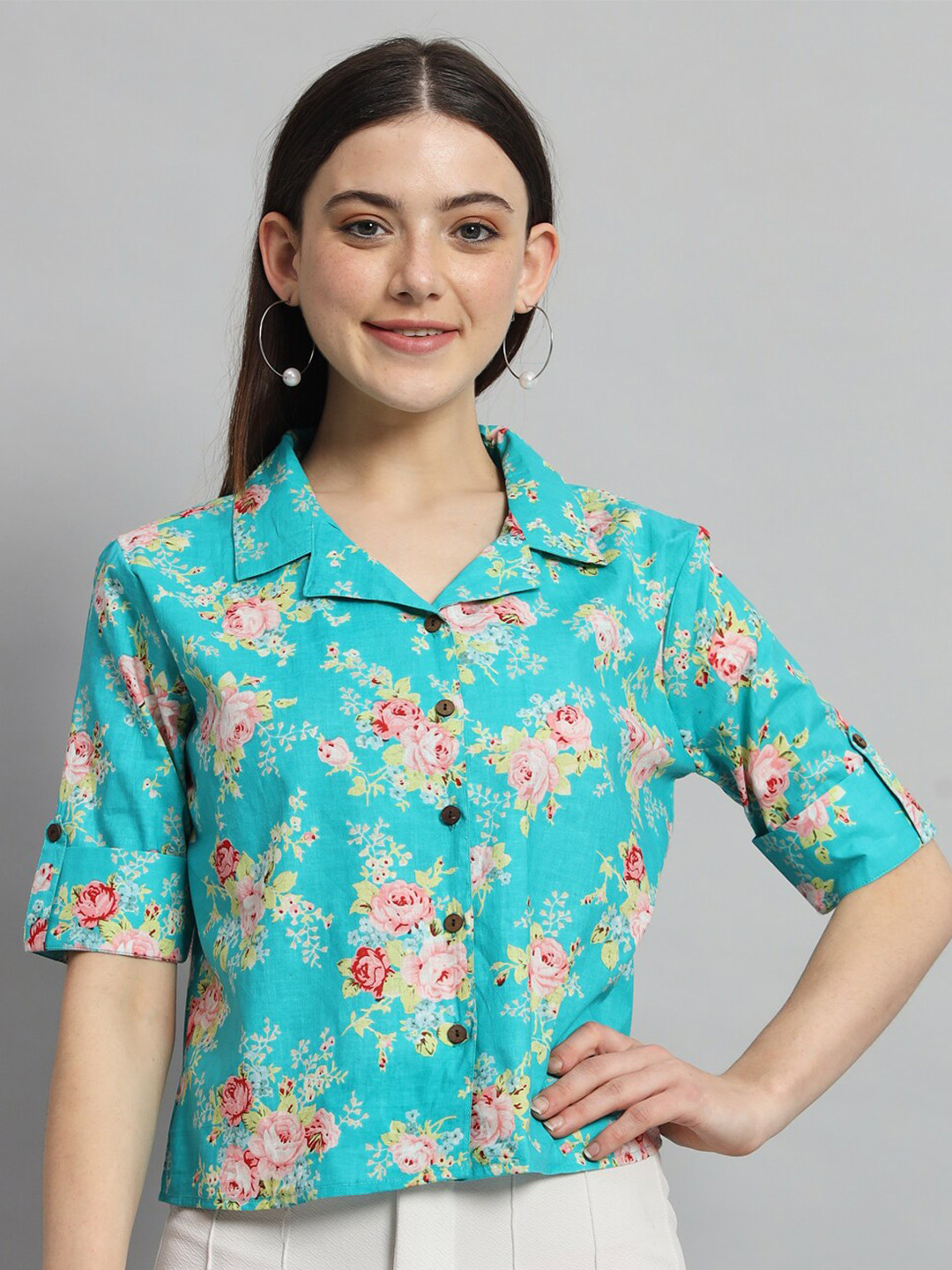 HANDICRAFT PALACE Shirt Collar Floral Print Roll-Up Sleeves Cotton Shirt Style Top