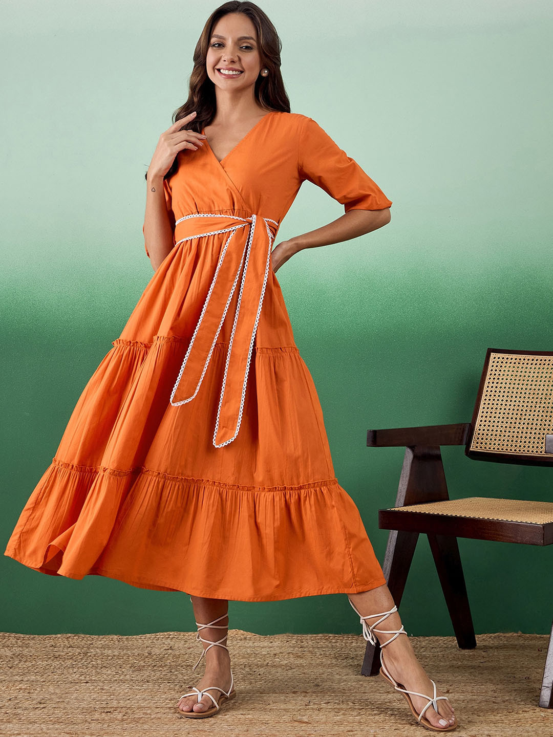 Sangria Lace Belted Tiered Fit & Flare Pure Cotton Midi Ethnic Dress