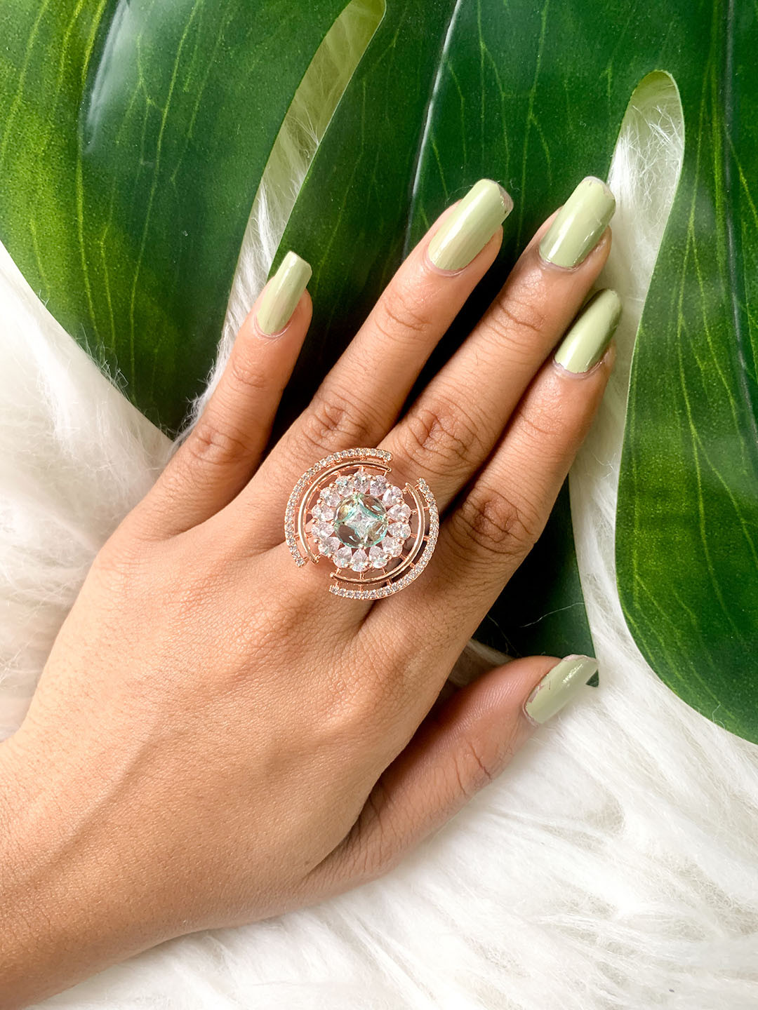 I Jewels Rose Gold Plated AD Studded Princess Cut Adjustable Finger Ring