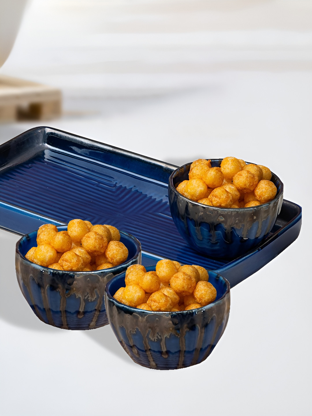 Ekhasa Blue & Brown 4 Pieces Ceramic Microwave Safe Tray