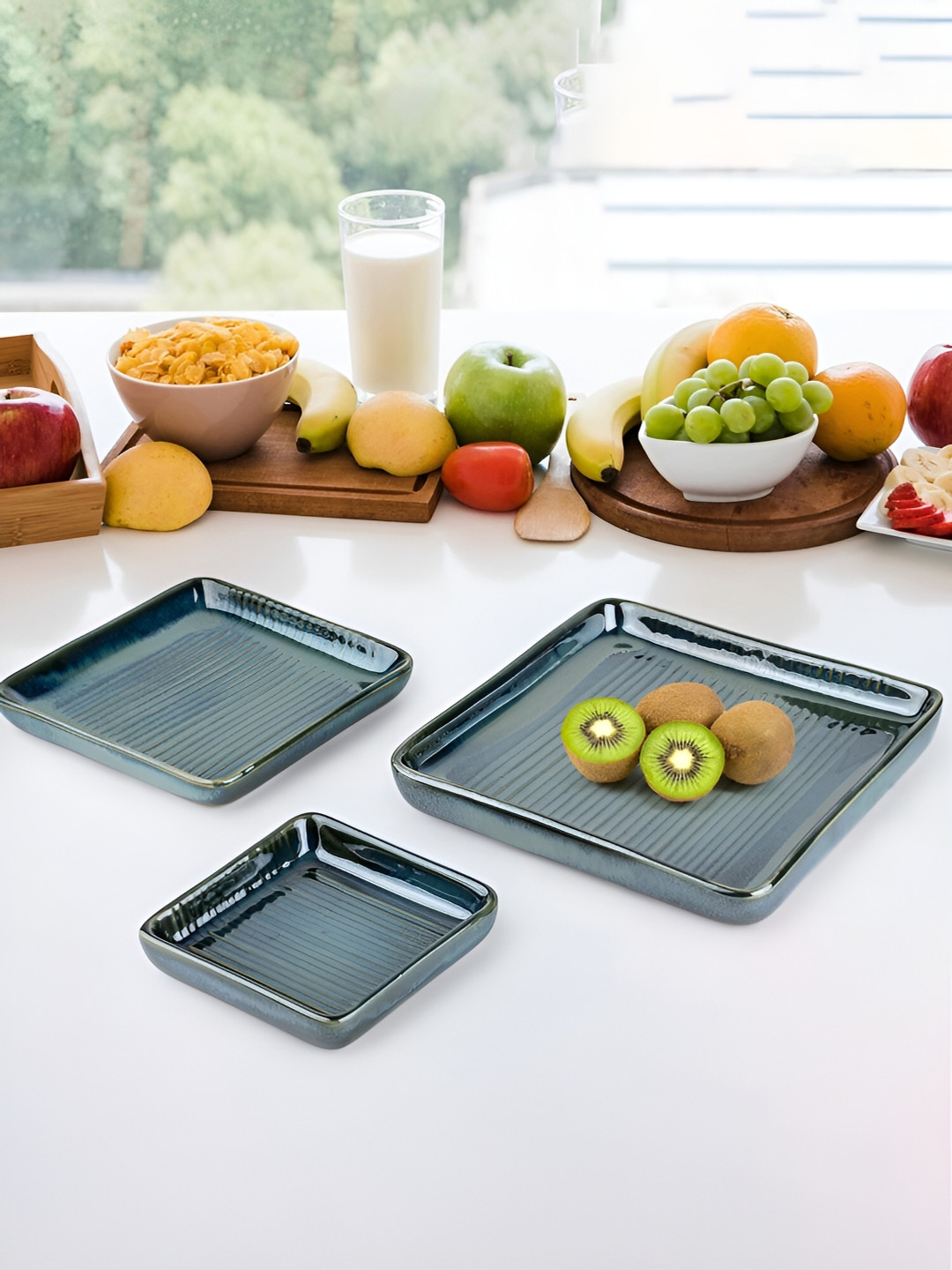 Ekhasa Green 3 Pieces Ceramic Microwave Safe Food Platters