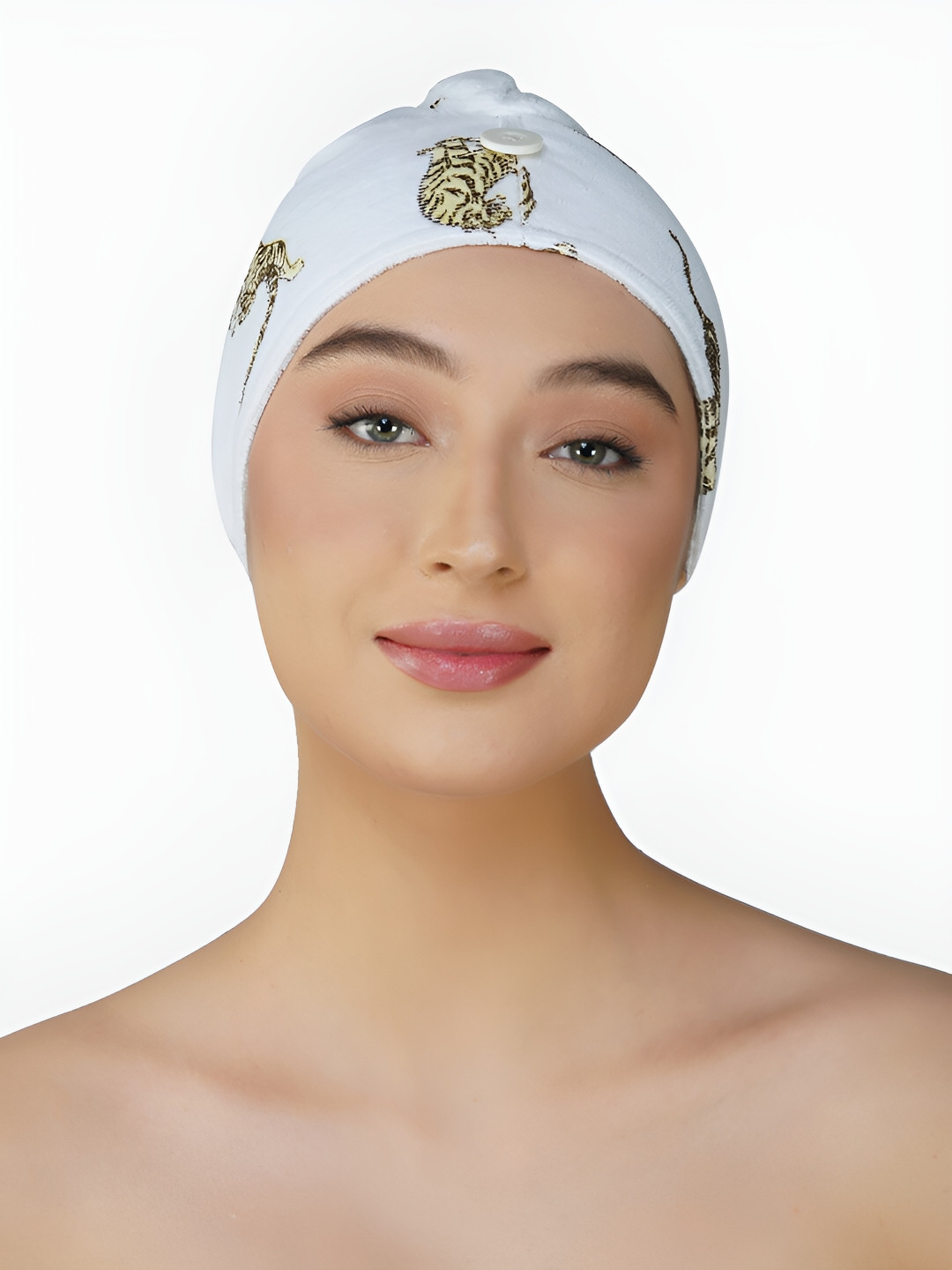 RANGOLI White & Beige Jaguar Printed Pure Cotton 400 GSM Hair Wrap Towel