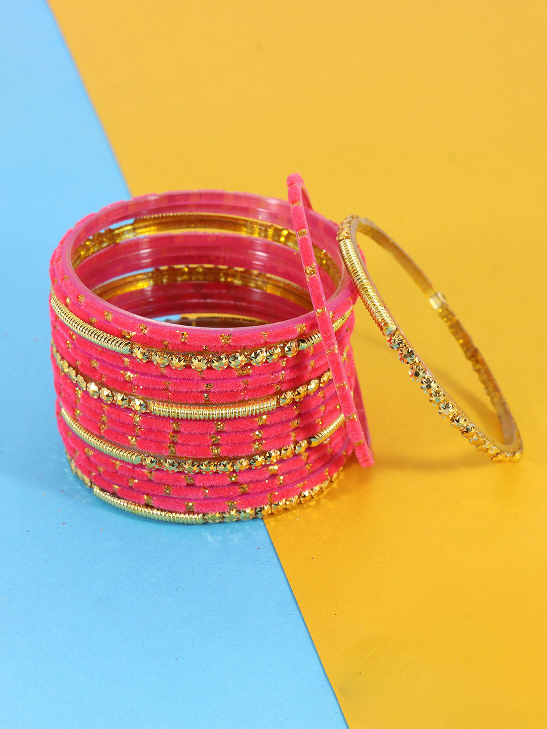 NMII Set Of 34 Glass Golden Beads & Polka Dots Velvet Bangles