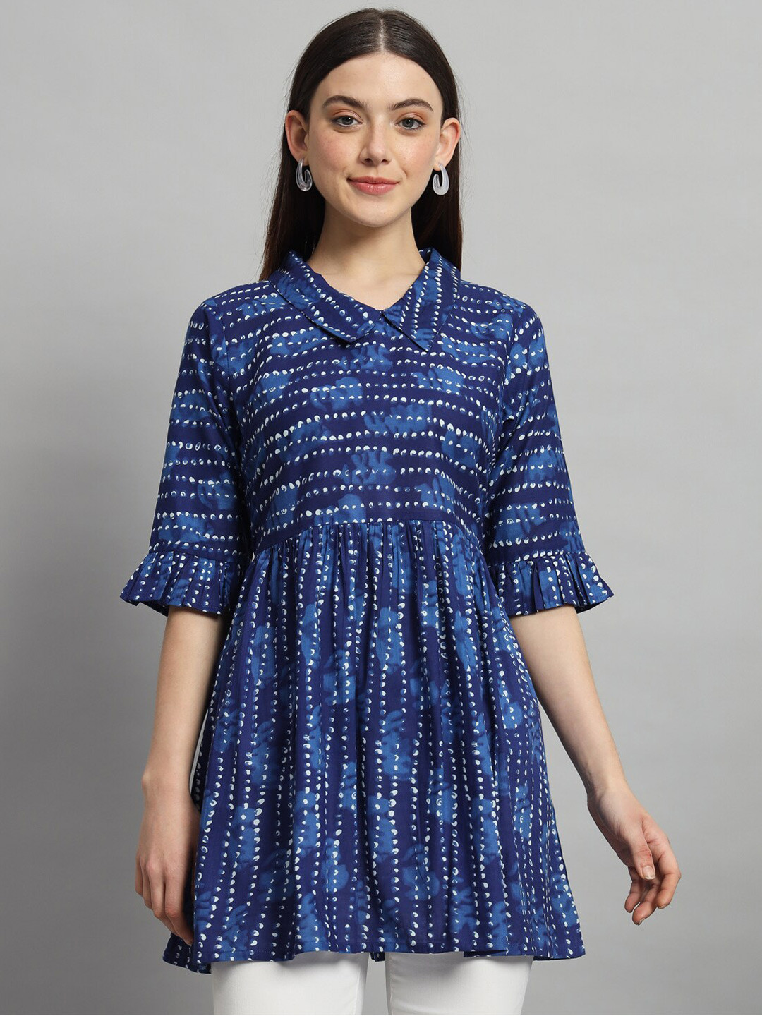 HANDICRAFT PALACE Polka Dots Printed Gathered or Pleated Pure Cotton Longline Top