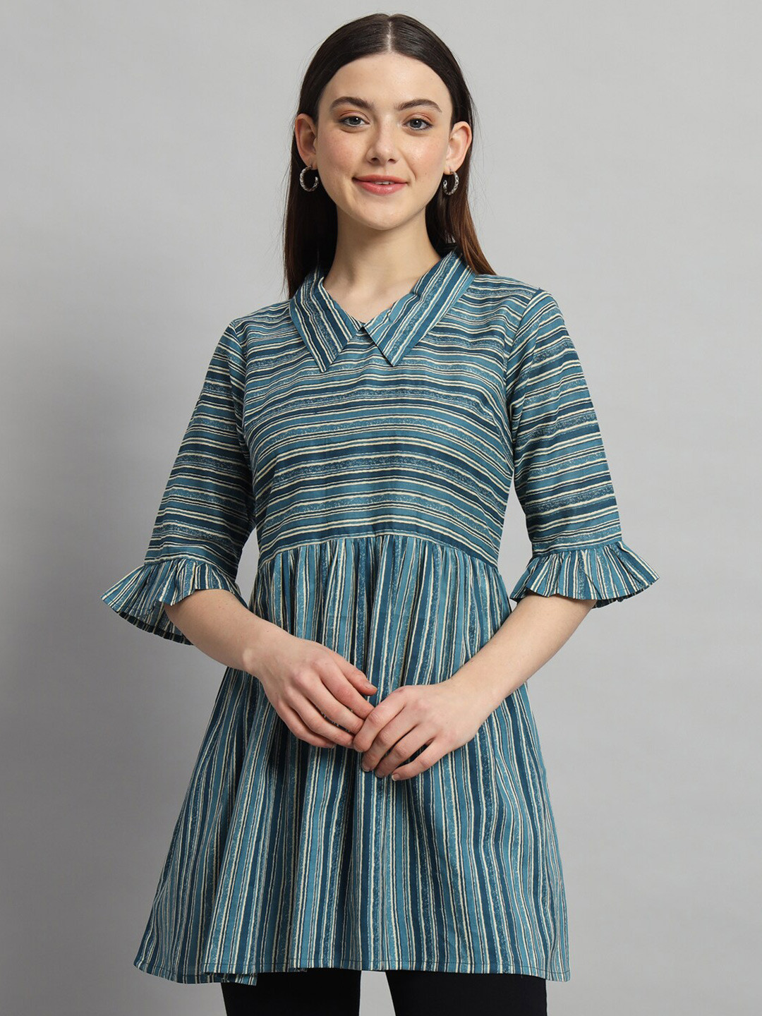 HANDICRAFT PALACE Striped Bell Sleeve Cotton Longline Top