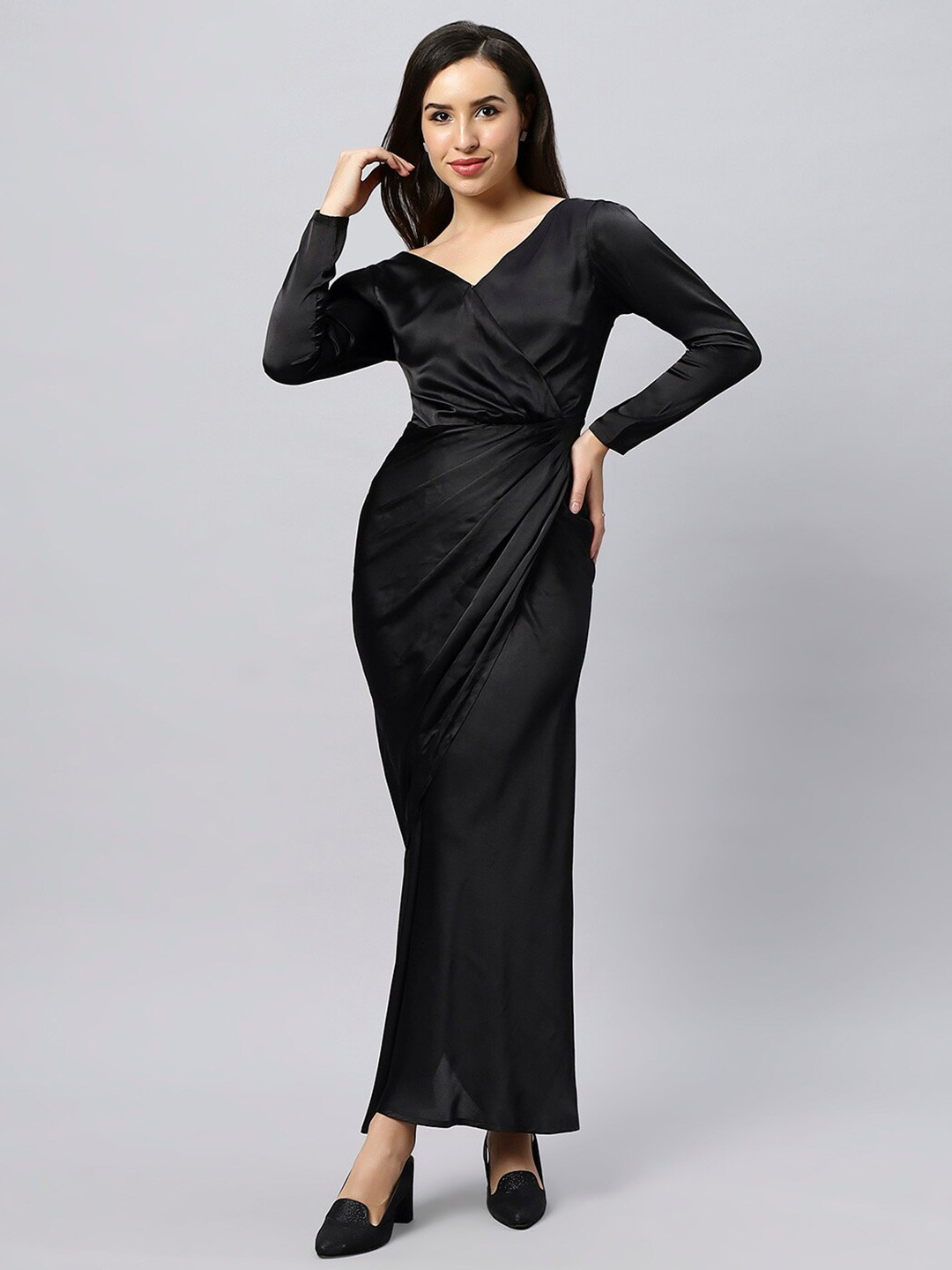 DressBerry Black V-Neck Long Sleeves Gathered Ruched Satin Maxi Dress
