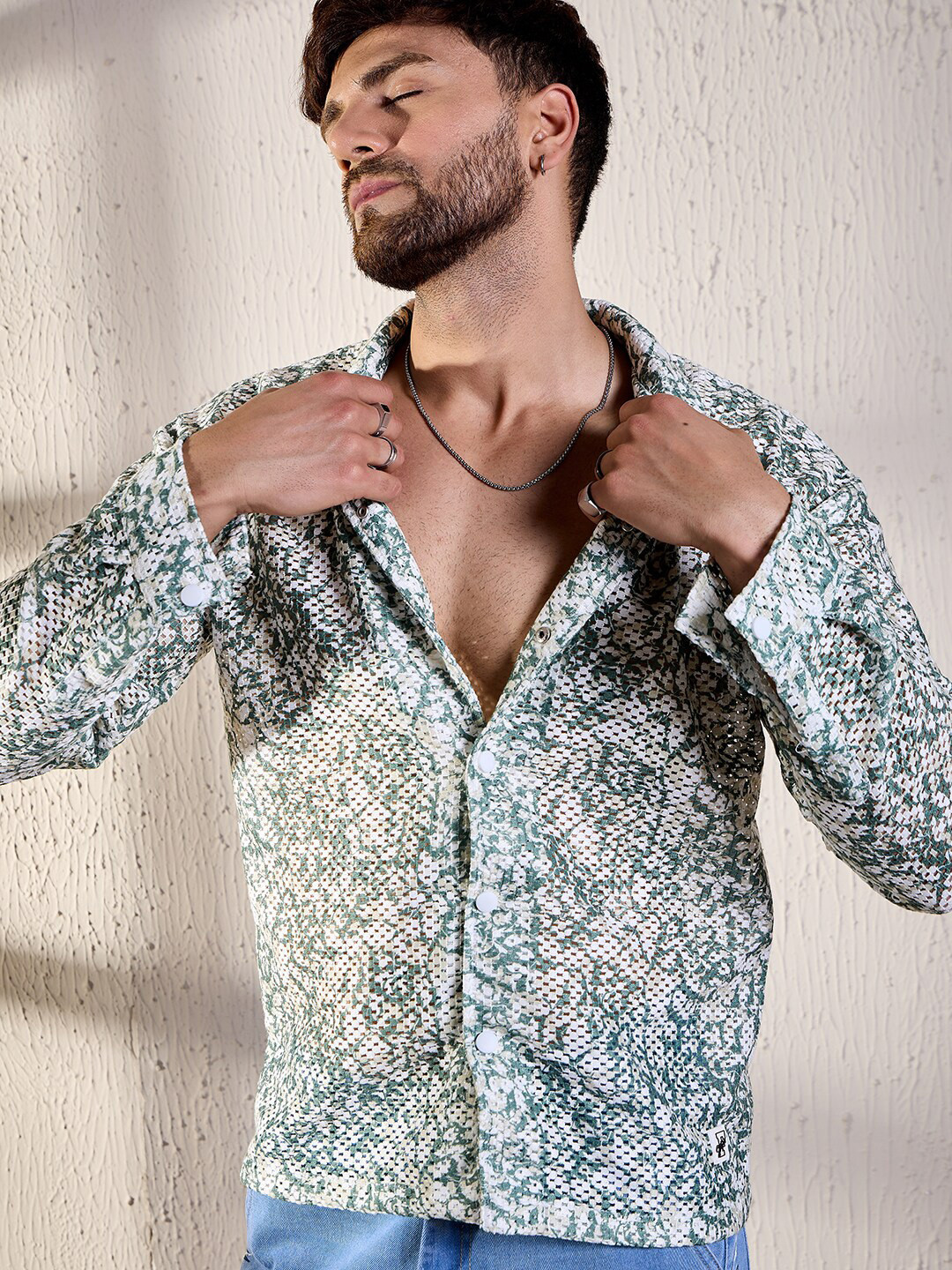 FUGAZEE White Relaxed Oversized Self Design Twill Cuban Collar Cotton Casual Shirt