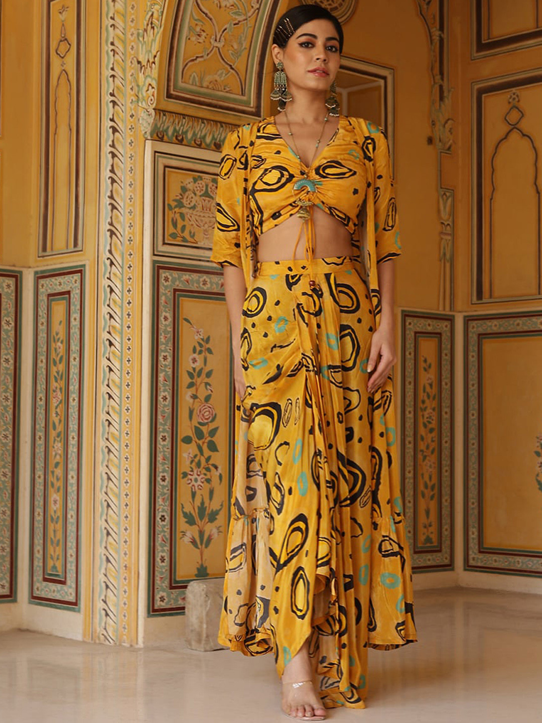 AKS Couture Printed V-Neck Crop Top With Flared Skirt & Long Jacket Co-Ords