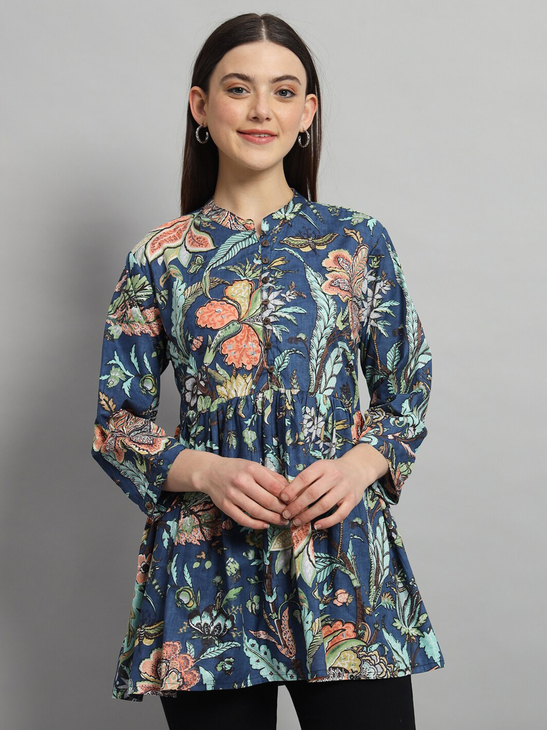HANDICRAFT PALACE Floral Printed Mandarin Collar Cotton Gathered or Pleated Longline Top