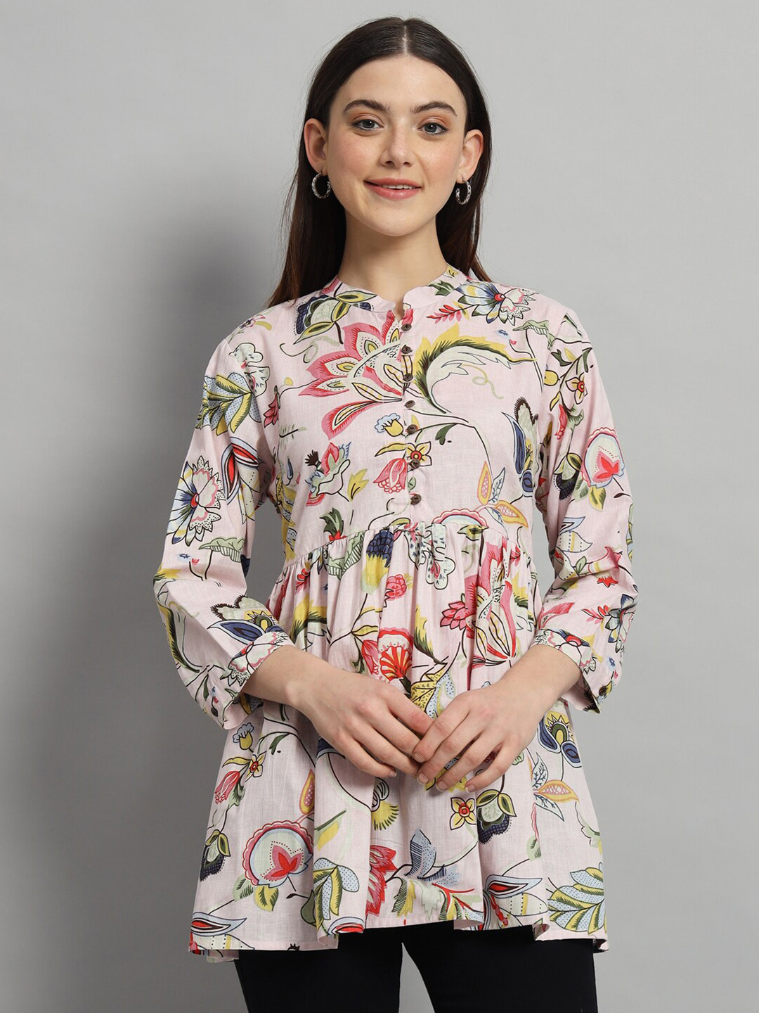 HANDICRAFT PALACE Floral Mandarin Collar Cotton Gathered or Pleated Empire Longline Top