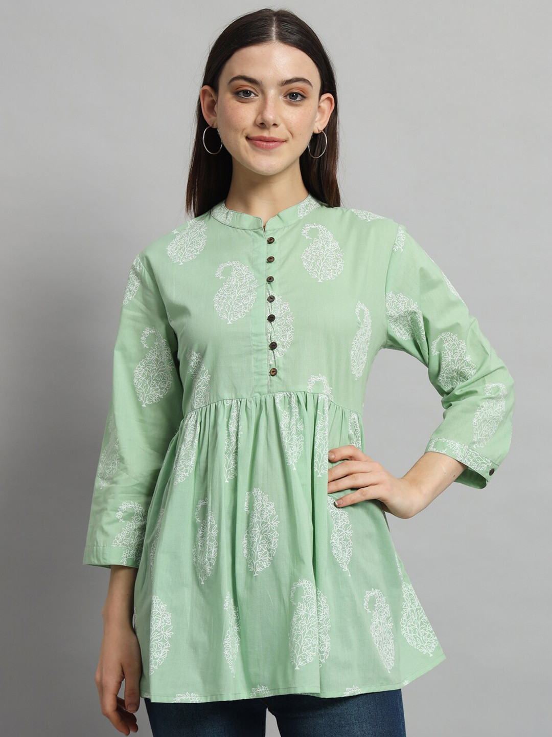 HANDICRAFT PALACE Ethnic Motifs Mandarin Collar Cotton Gathered or Pleated Longline Top