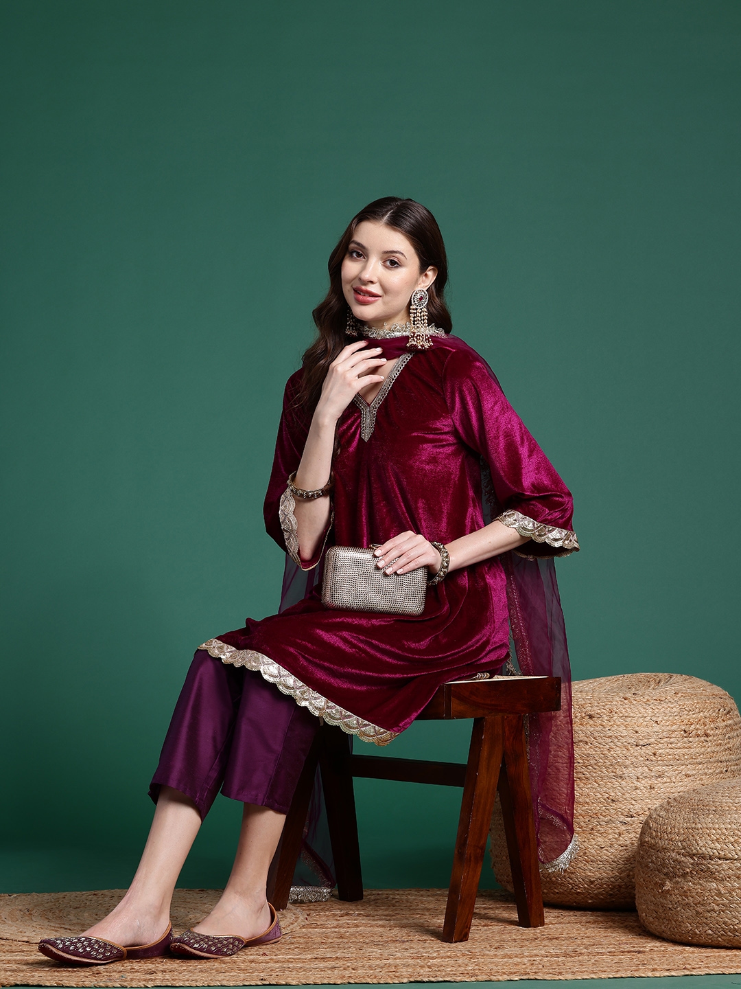 Sangria Velvet Kurta With Trousers & With Dupatta - Kurta Sets for Women 28459136 | Myntra