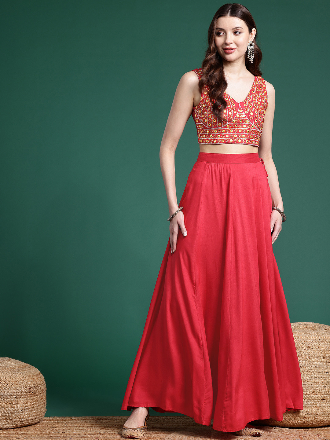 Sangria Mirror Work Embroidered Ready to Wear Lehenga Choli