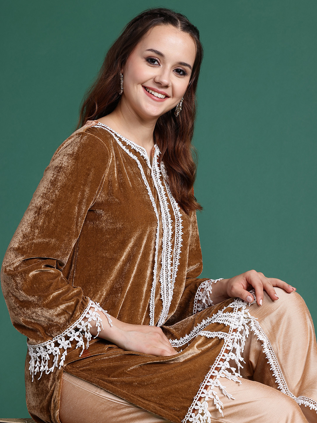 Sangria Velvet Finish Lace Detail Kurta with Trousers