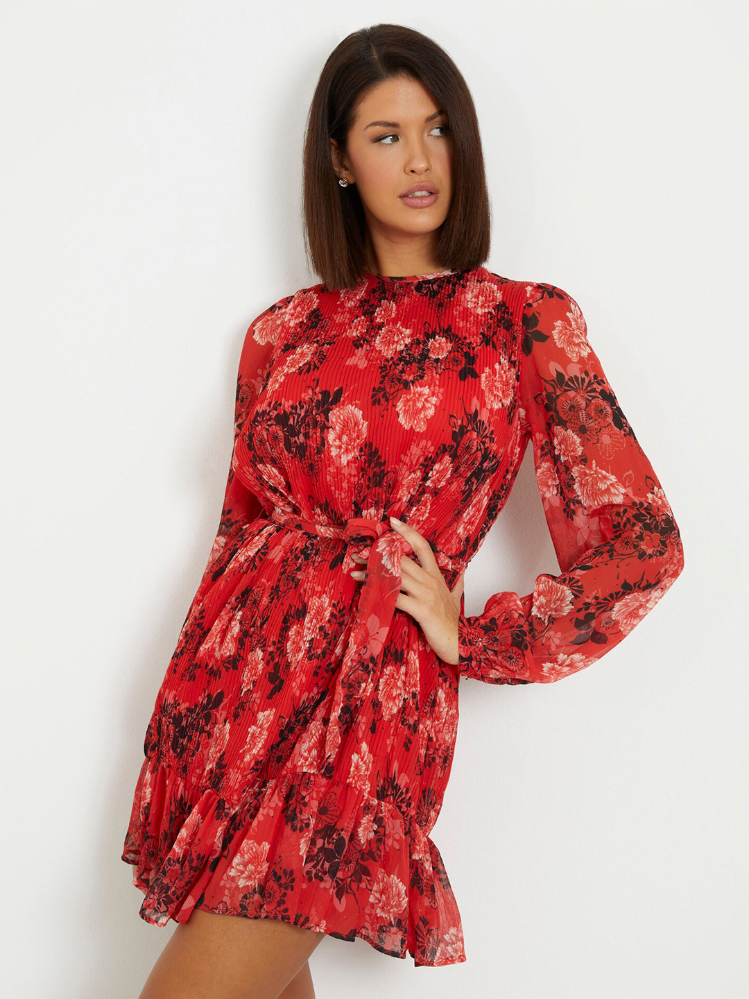 GUESS Floral Print Puff Sleeve Fit & Flare Dress