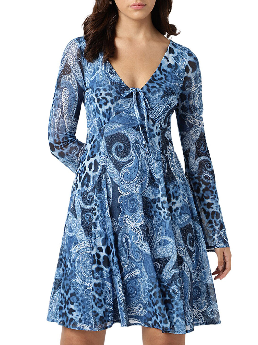 GUESS V Neck Long Flared Sleeves Ethnic Motifs Print Fit & Flare Dress
