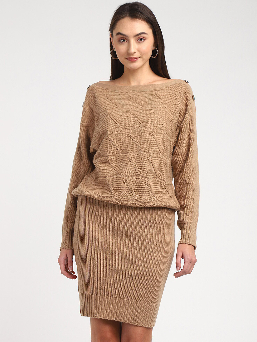 GUESS Boat Neck Long Sleeves Sweater Blouson Dress