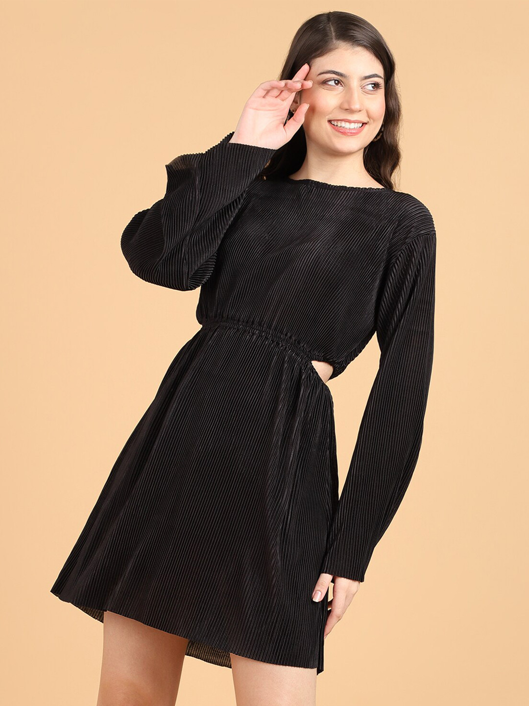 Popwings Striped Self Design Waist Cut-Out Detail Mini Fit & Flare Dress