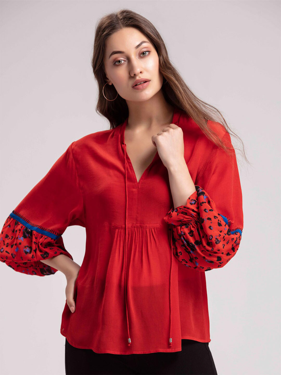 SHAYE Mandarin Collar Cuffed Sleeves A-Line Top