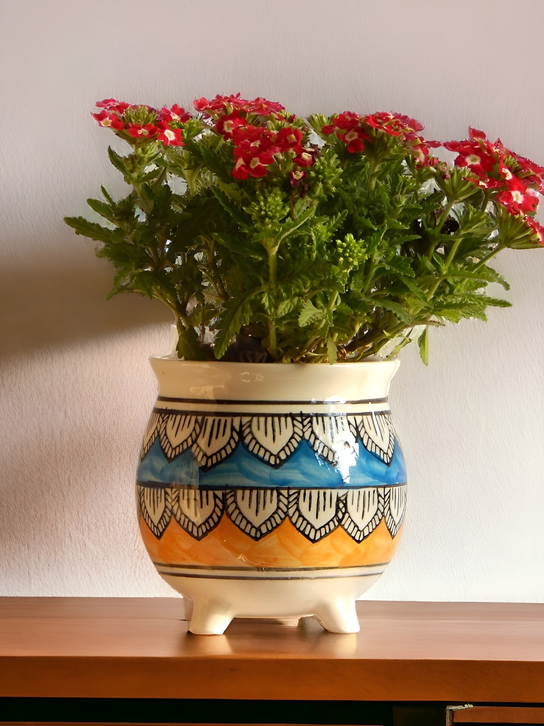 ecofynd Yellow & Blue Printed Ceramic Planter Pot
