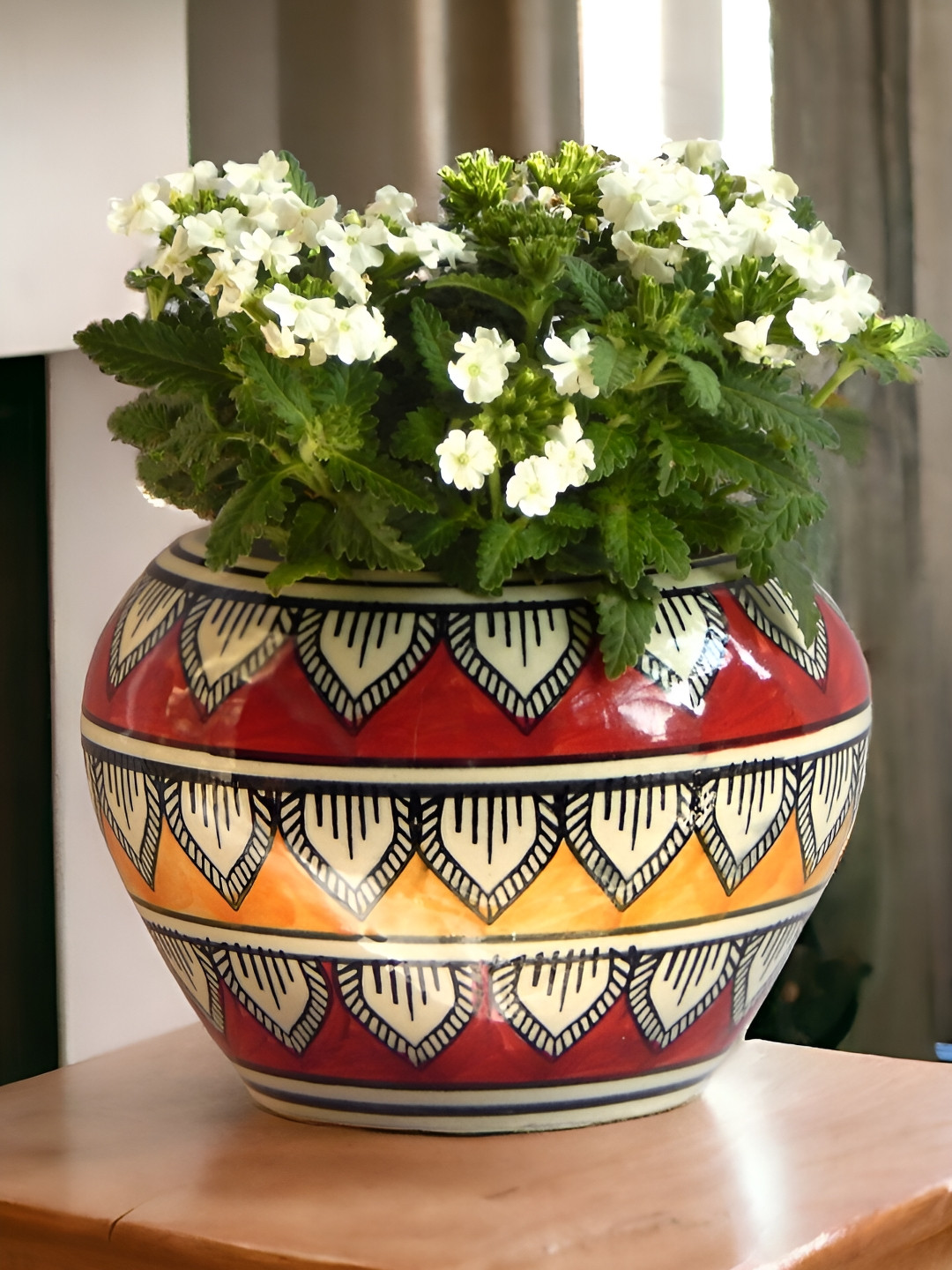 ecofynd Red & Cream Printed Ceramic Planter Pot