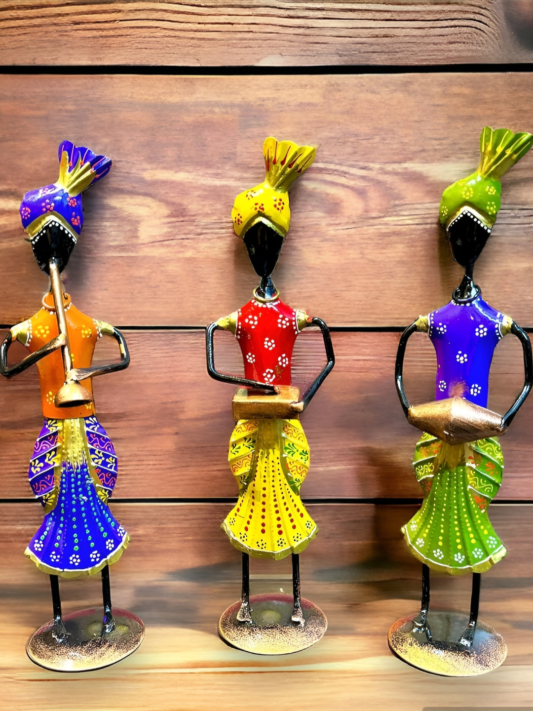 RSN Rajasthani Tribal Man Playing Musical instrument Gold Metal Metallic Living Room Music Set of 3 Medium Showpieces - 5 Inches