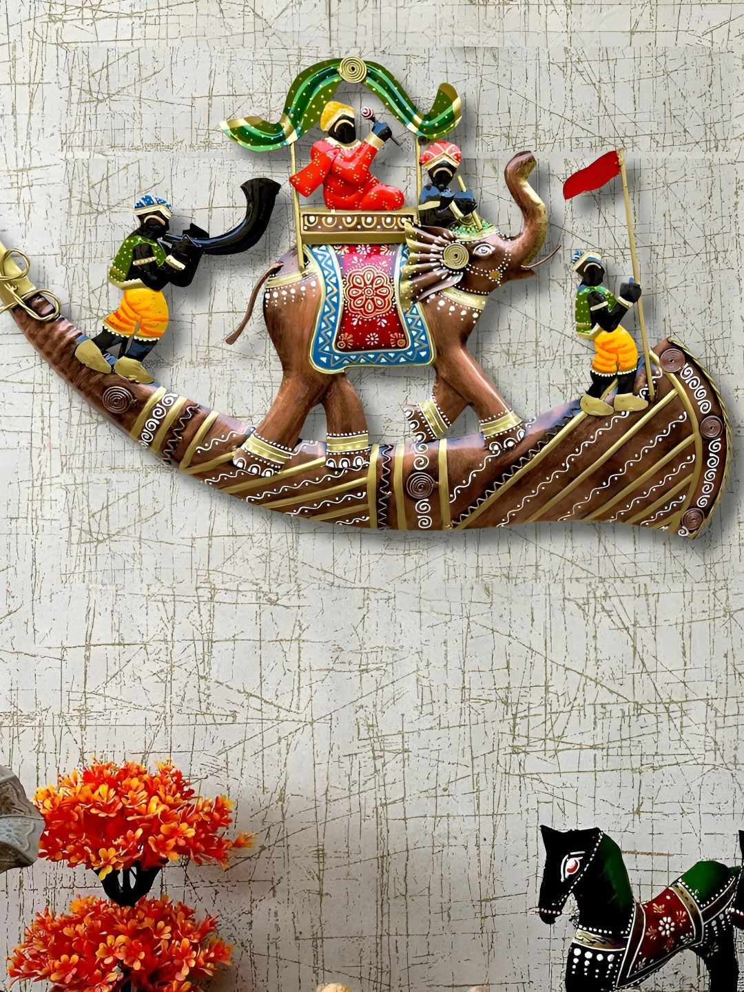 RSN Rajasthani Royal Hathi Baarat Metal Ethnic Motifs Antique Hall Wall Hangings-24In