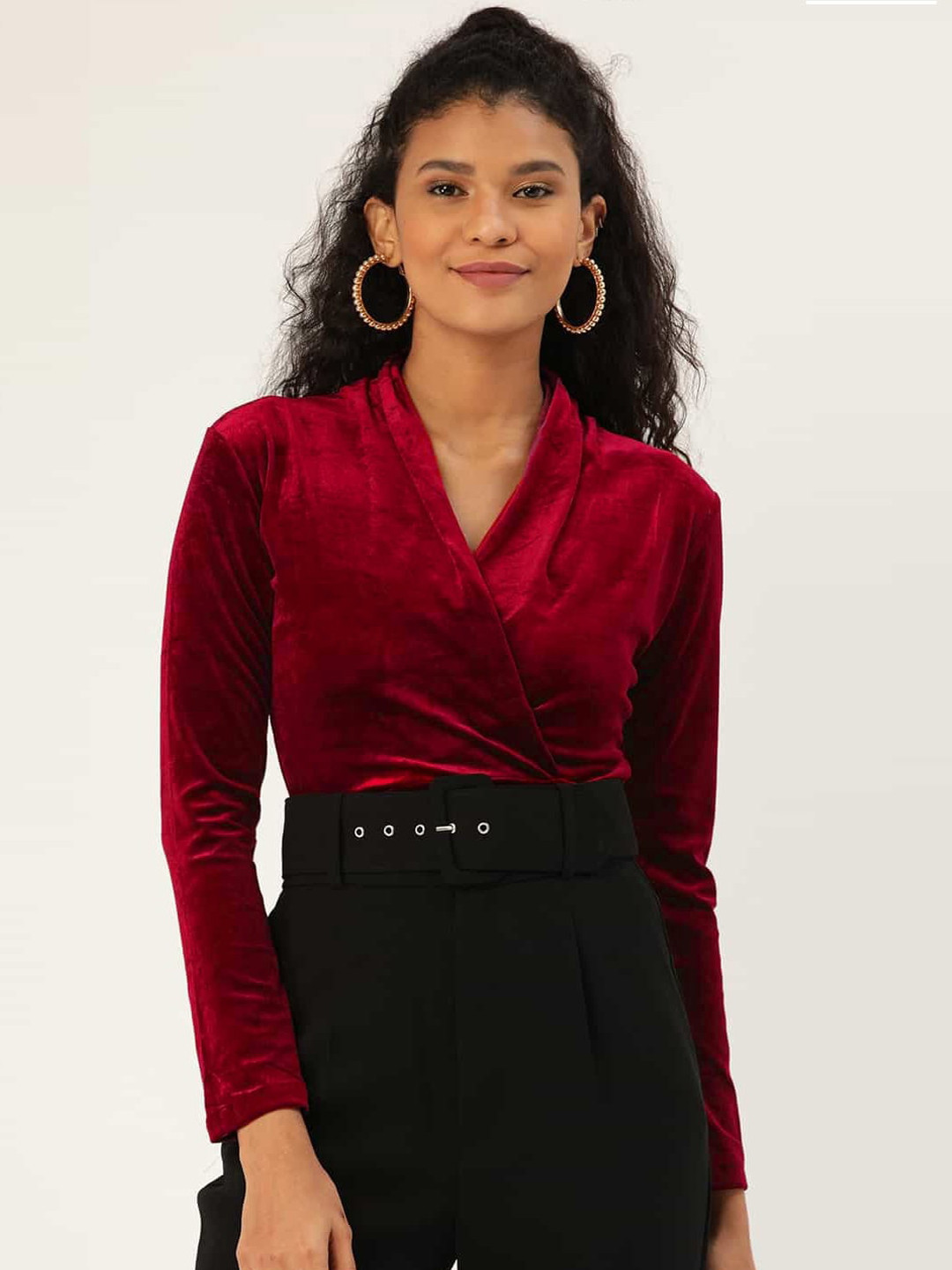 ANVI Be Yourself Solid Maroon V-Neck Long Sleeve Warp Style Velvet Bodysuit