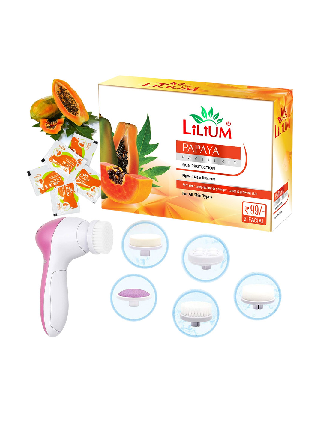 Lilium Papaya Facial Kit For Pigment Clear Treatment - 60g With 5-In-1 Massager