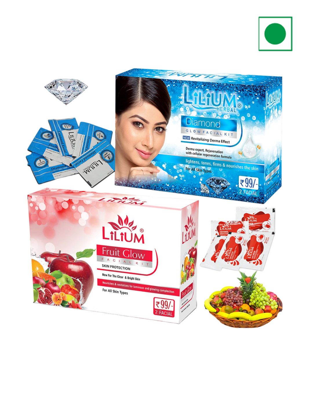 Lilium Diamond & Fruit Glow Facial Kit For Luminous Glow & Revitalize Skin - 60g Each