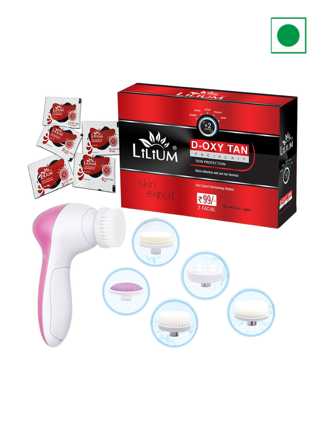 Lilium D-Oxy Tan Facial Kit For Effective Anti Sun Tan - 60g With 5-In-1 Massager