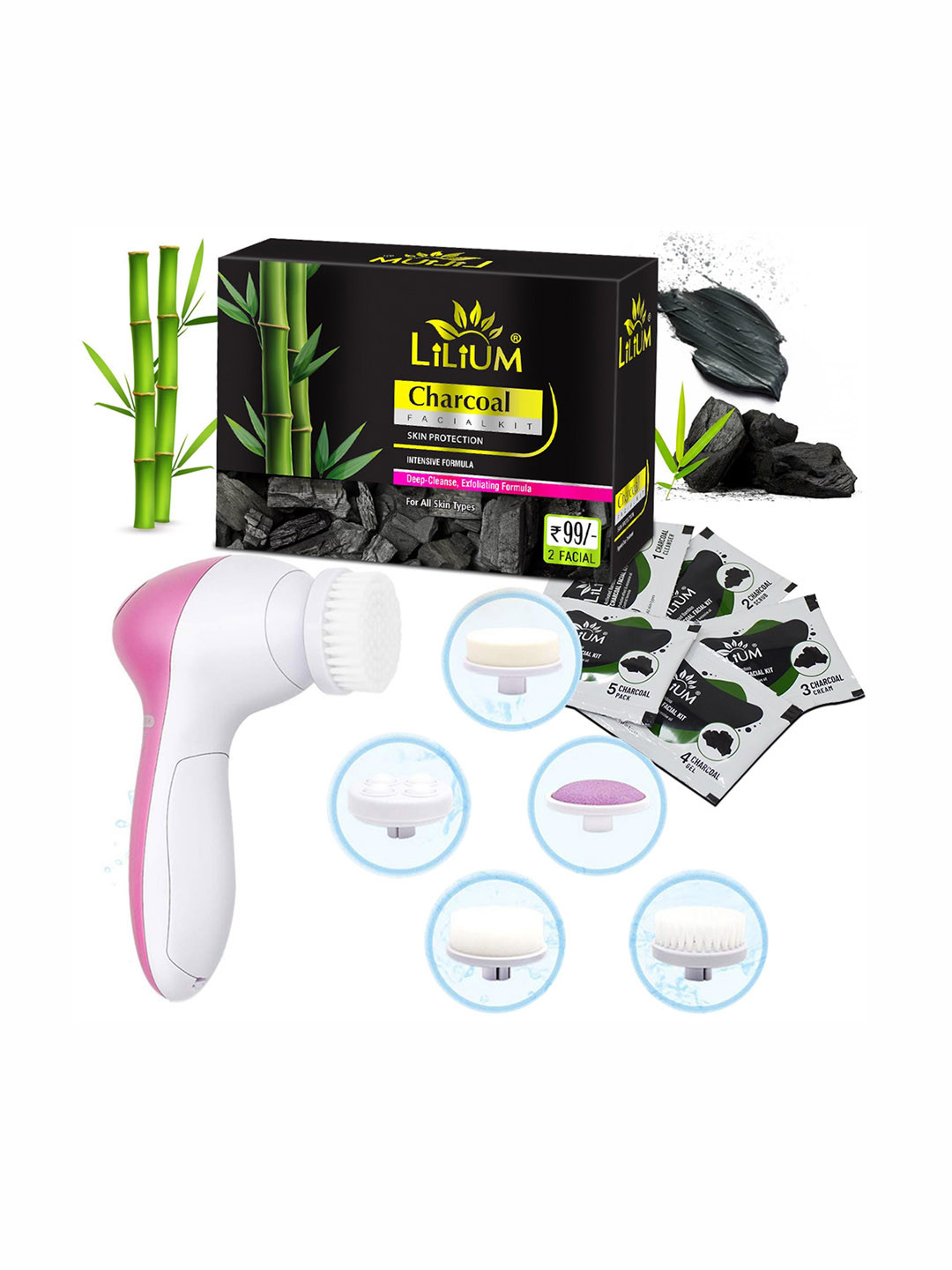 Lilium Charcoal Facial Kit For Deep Cleansing - 60g With 5-In-1 Massager