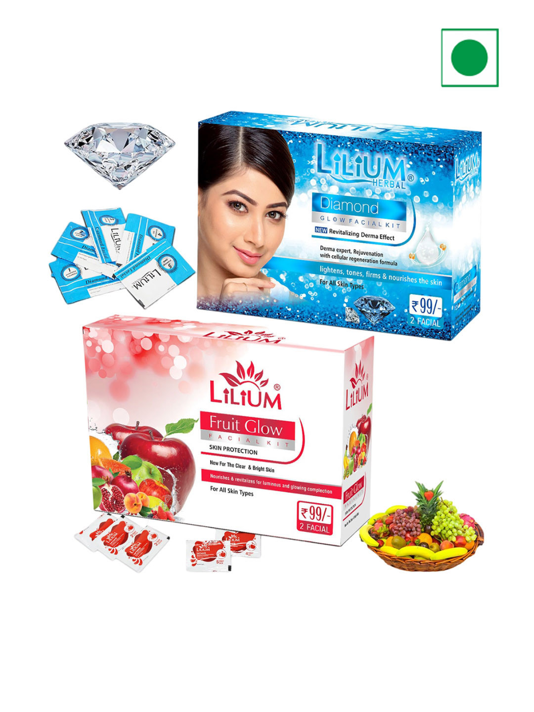 Lilium Fruit Glow & Diamond Facial Kit For Luminous Glowing Complexion - 60g Each