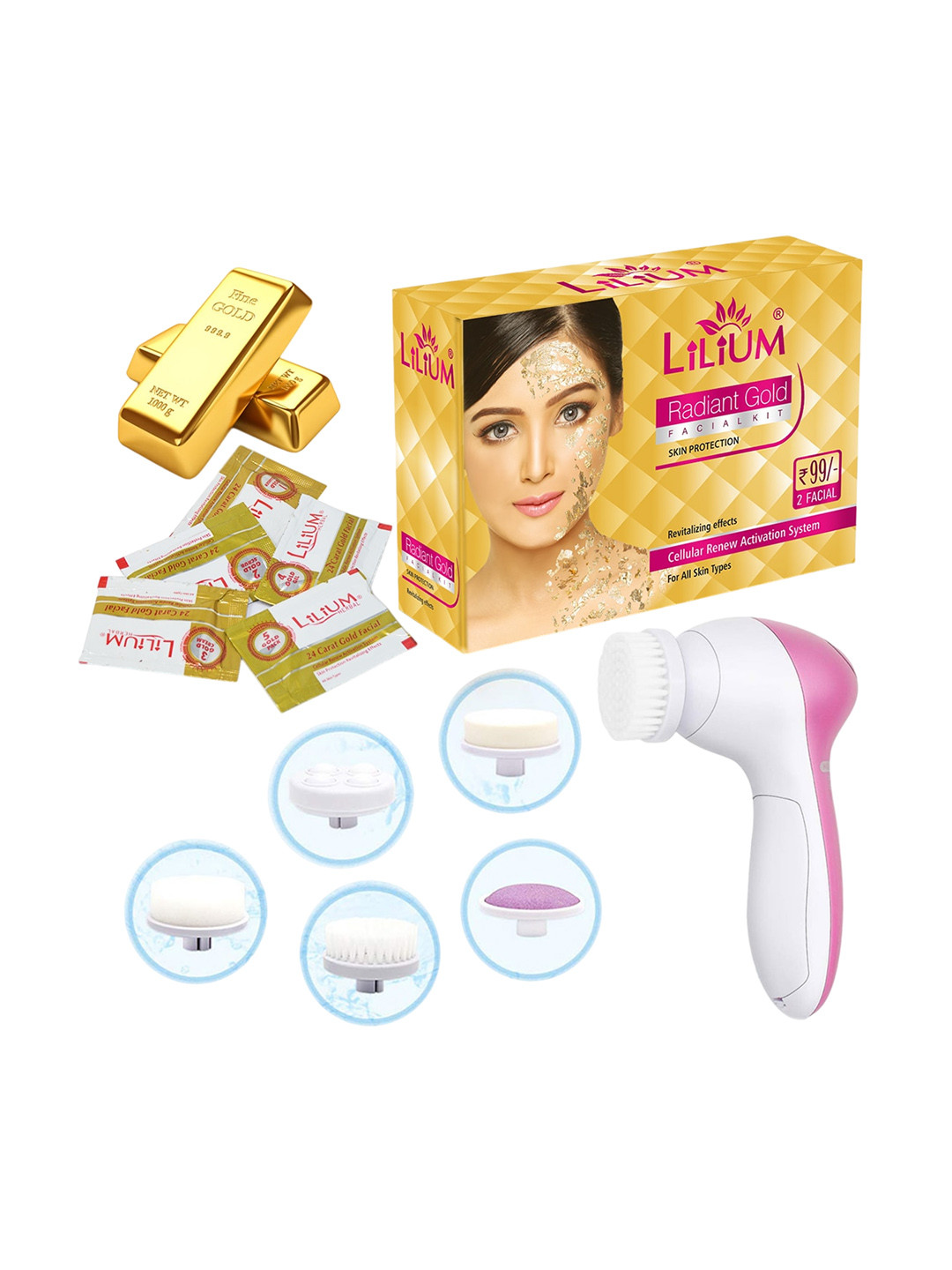 Lilium Gold Facial Kit For Lighten & Brighten Skin - 60g With 5-In-1 Massager