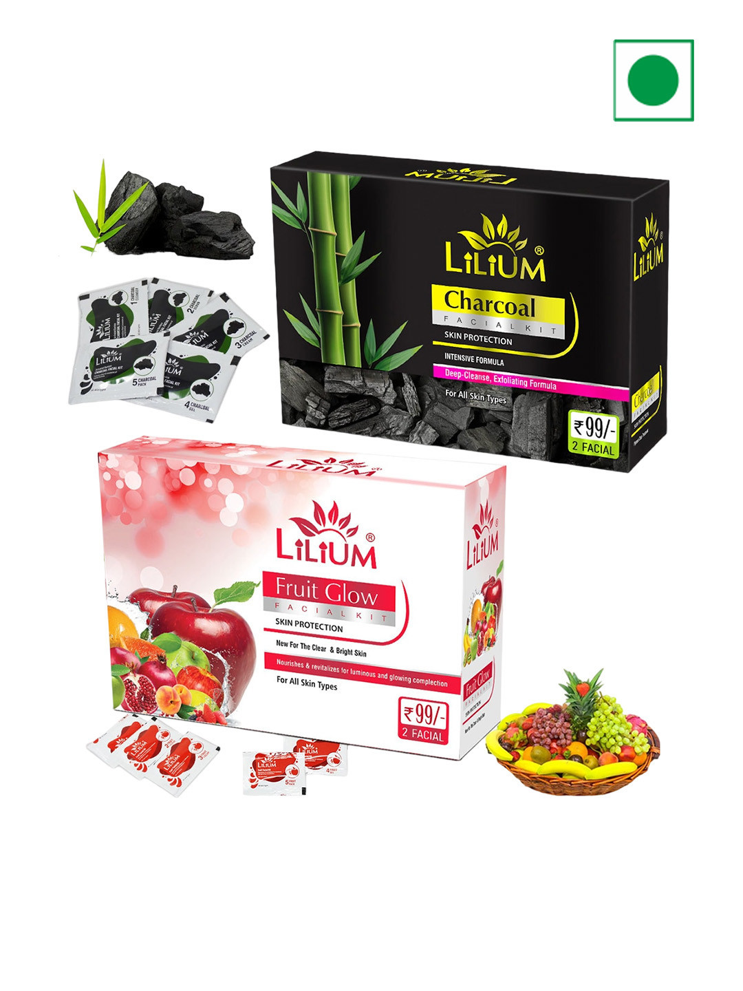 Lilium Charcoal & Fruit Glow Facial Kit For Luminous Glowing Complexion - 60g Each