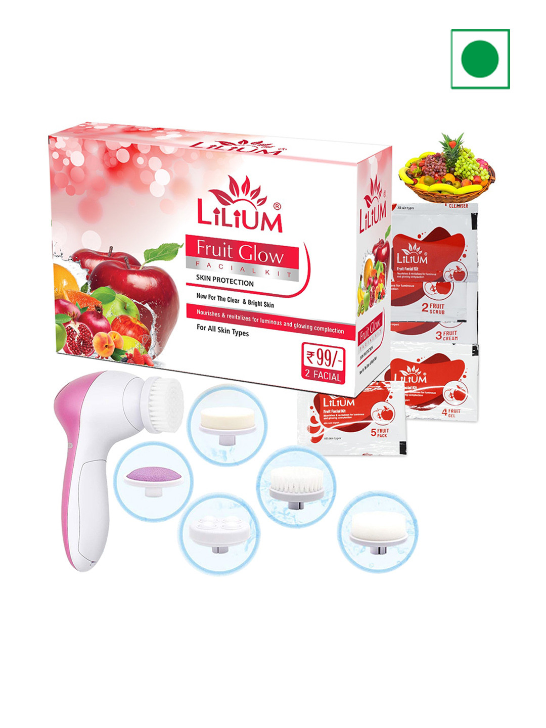 Lilium Fruit Glow Facial Kit For Nourishes & Revitalize - 60g With 5-In-1 Massager