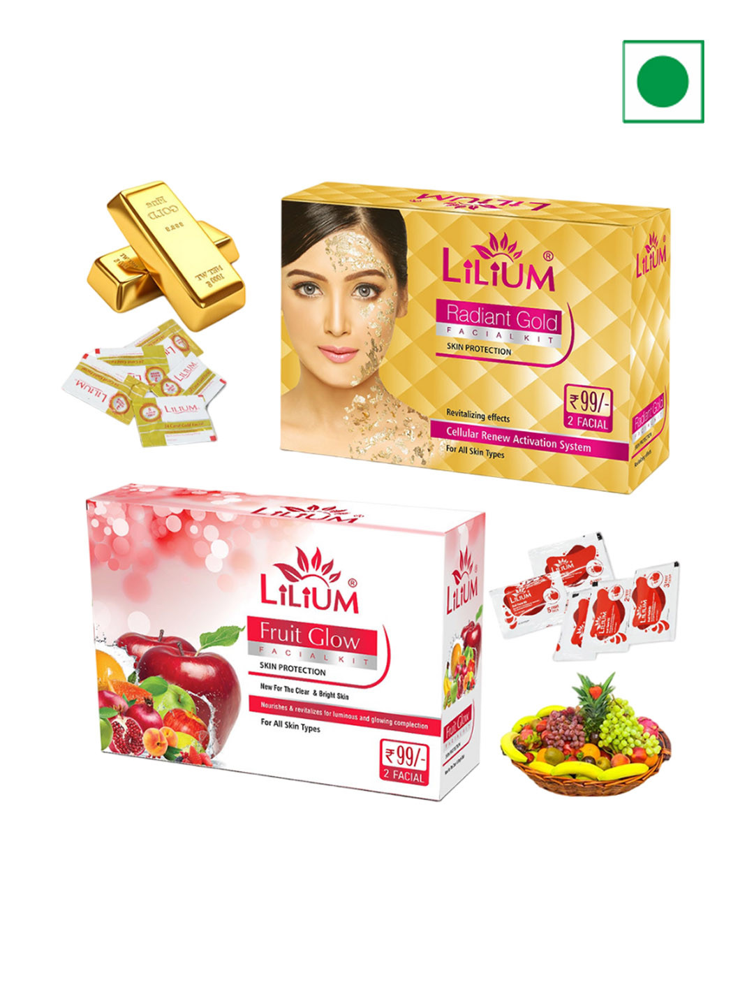 Lilium Fruit Glow & Gold Facial Kit For Revitalize Luminous & Cellular Renewal - 60g Each