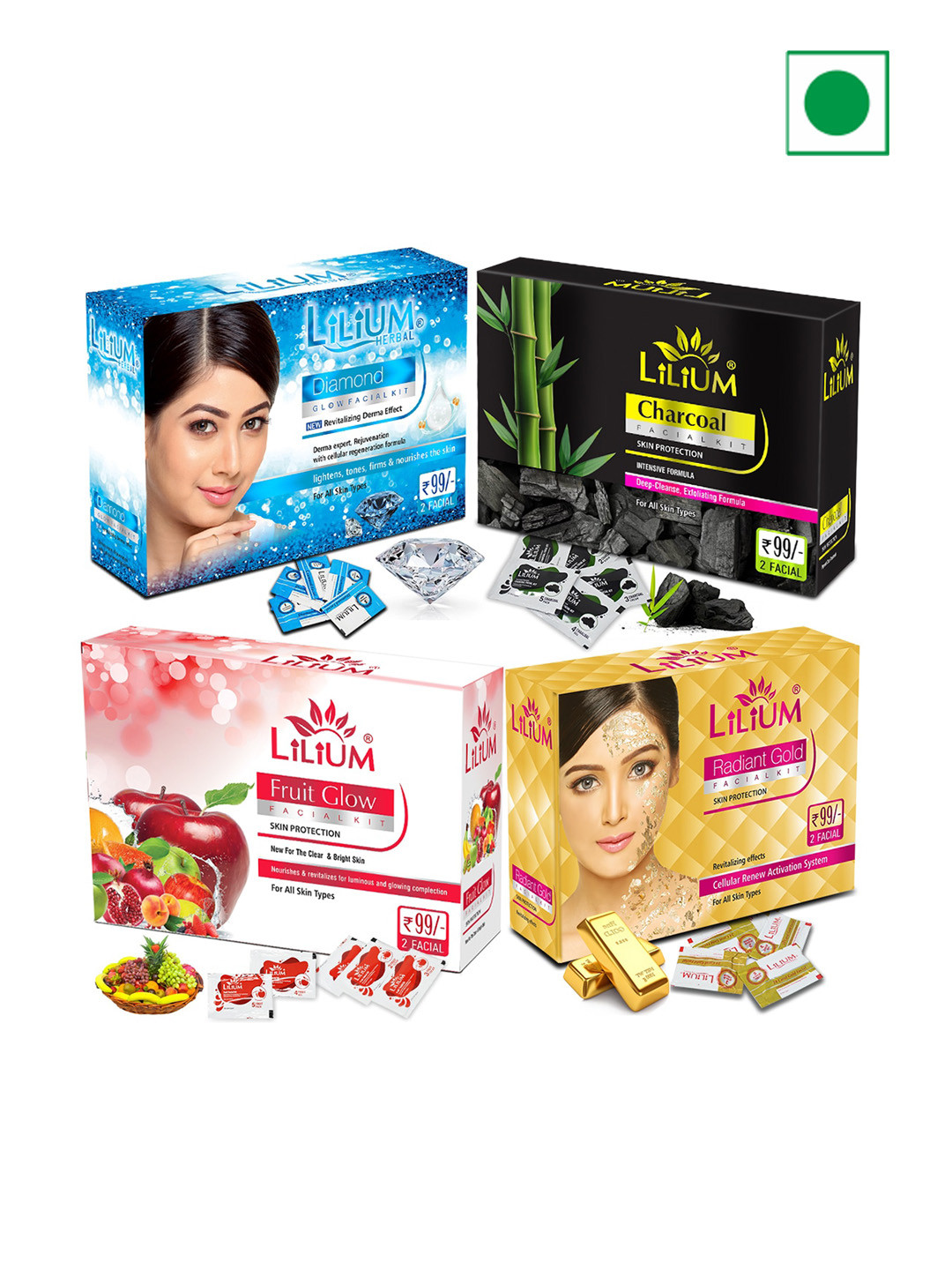 Lilium Charcoal-Diamond-Gold & Fruit Facial Kit - 60g Each