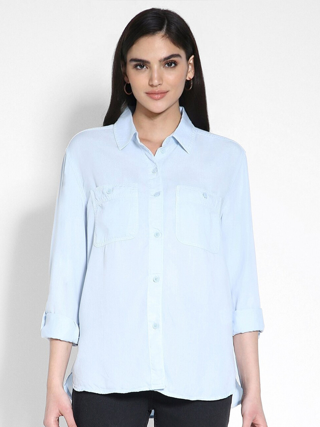 AMERICAN EAGLE OUTFITTERS Spread Collar Roll-Up Sleeves High-Low Casual Shirt