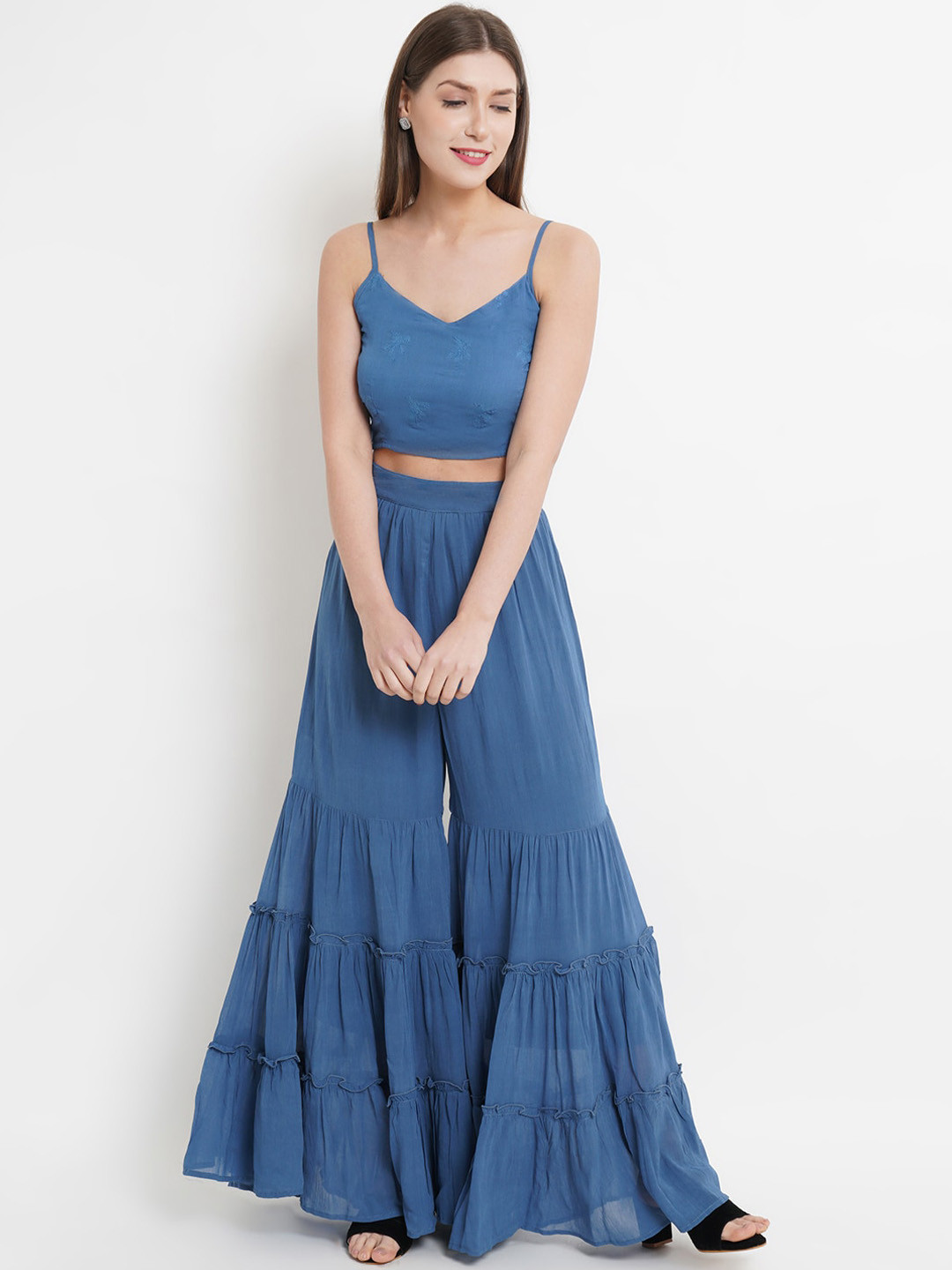 Purple State Embroidered Crop Top With Sharara & Shrug Co-Ords