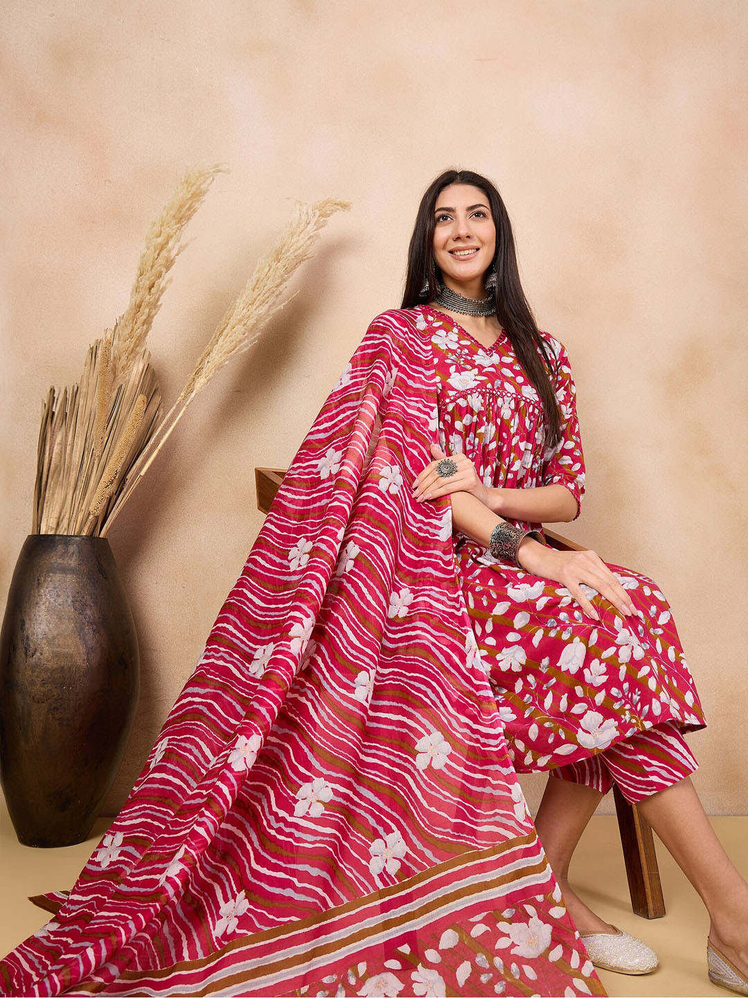 Anouk Rose Floral Printed Mirror Work A-Line Pure Cotton Kurta with Trousers & Dupatta