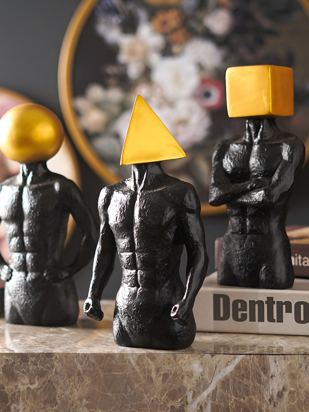 THE ARTMENT Geometric Marvel Black Polyresin Matte Living Room Set of 3 Medium Showpieces - 8.9 Inches