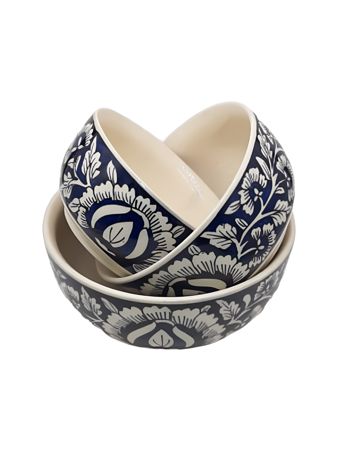 INDIA MEETS INDIA Blue and White 3 Pieces Ceramic  Microwave Safe Serving Bowls