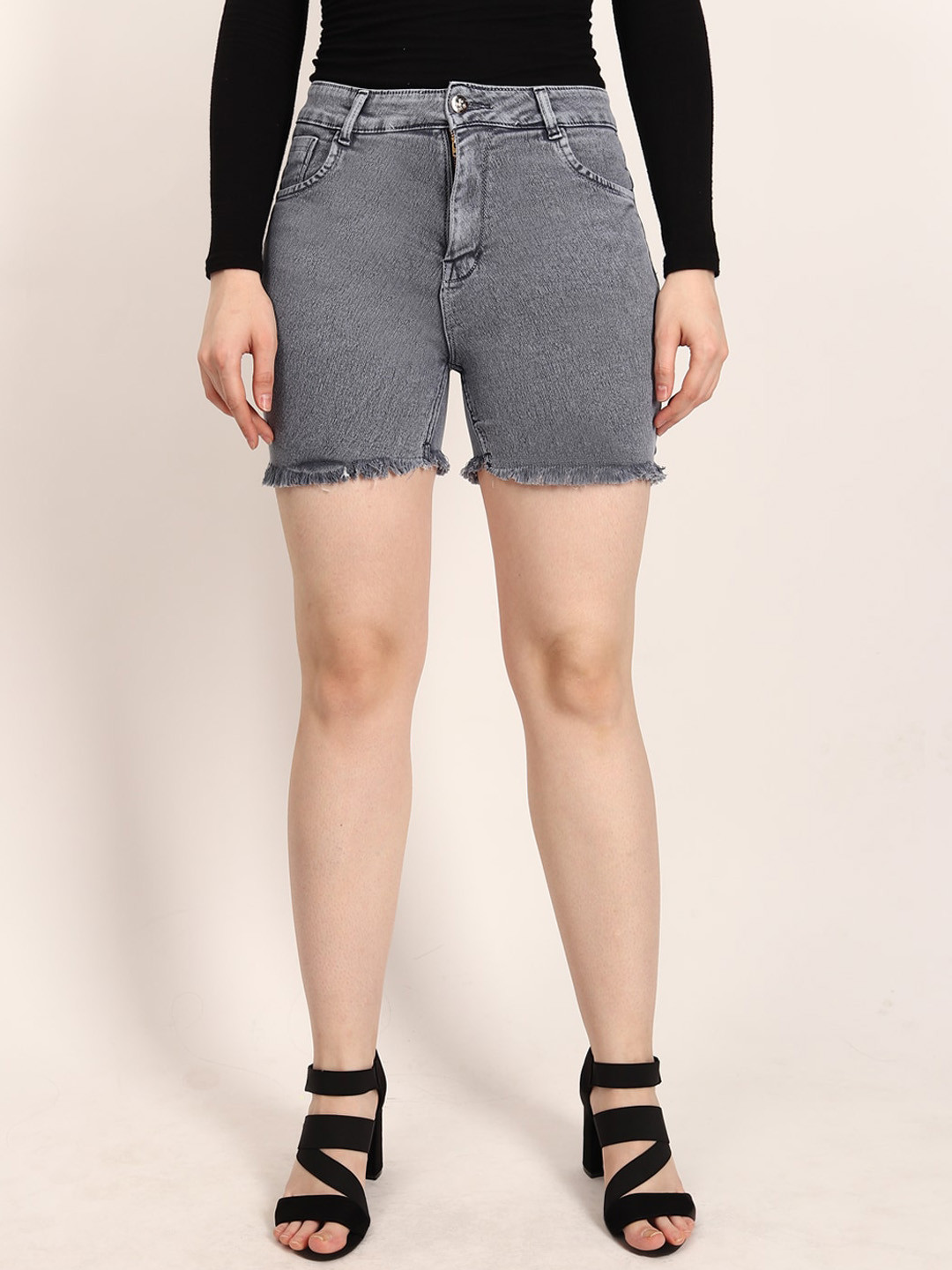 LIVE OK Women Skinny Fit High-Rise Denim Shorts