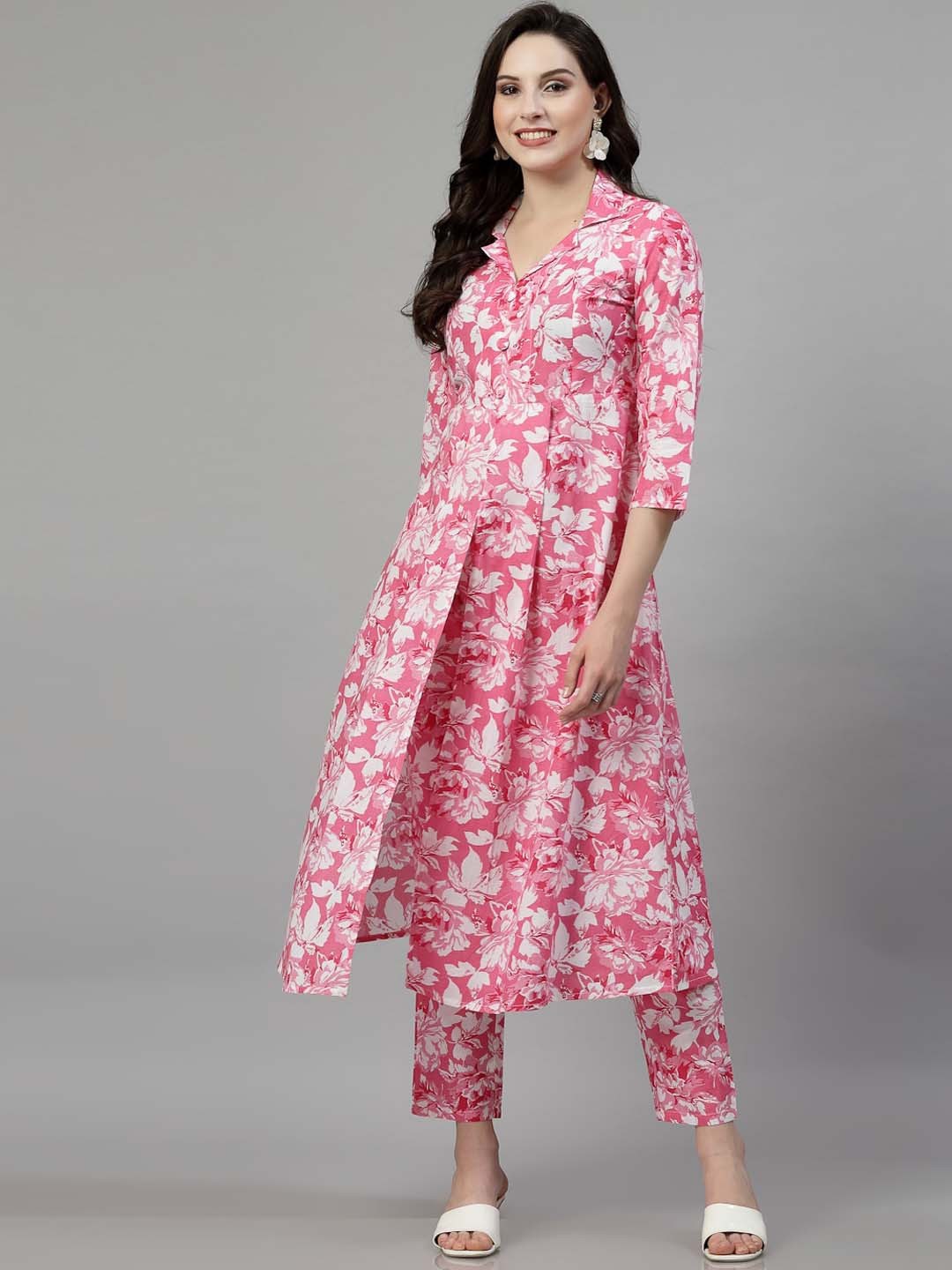 KALINI Floral Printed High Slit Pure Cotton A-Line Kurta with Trousers