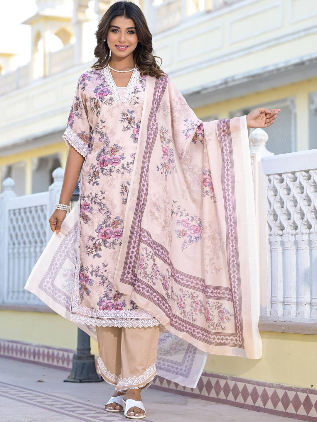 Varanga Floral Printed Mirror Work Pure Cotton Straight Kurta with Trousers & Dupatta