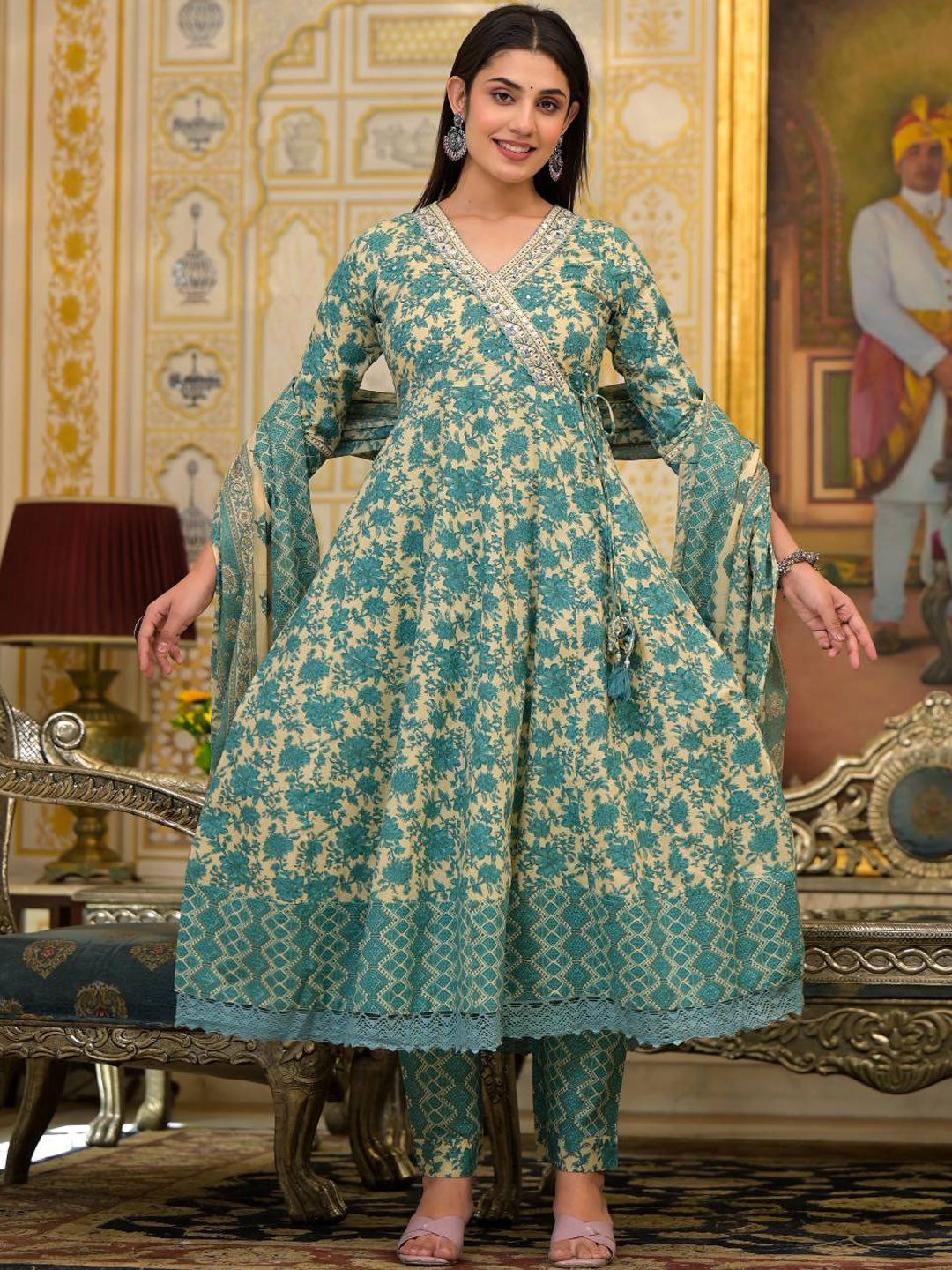 Varanga Ethnic Motifs Printed Mirror Work Pure Cotton Kurta with Trousers & Dupatta