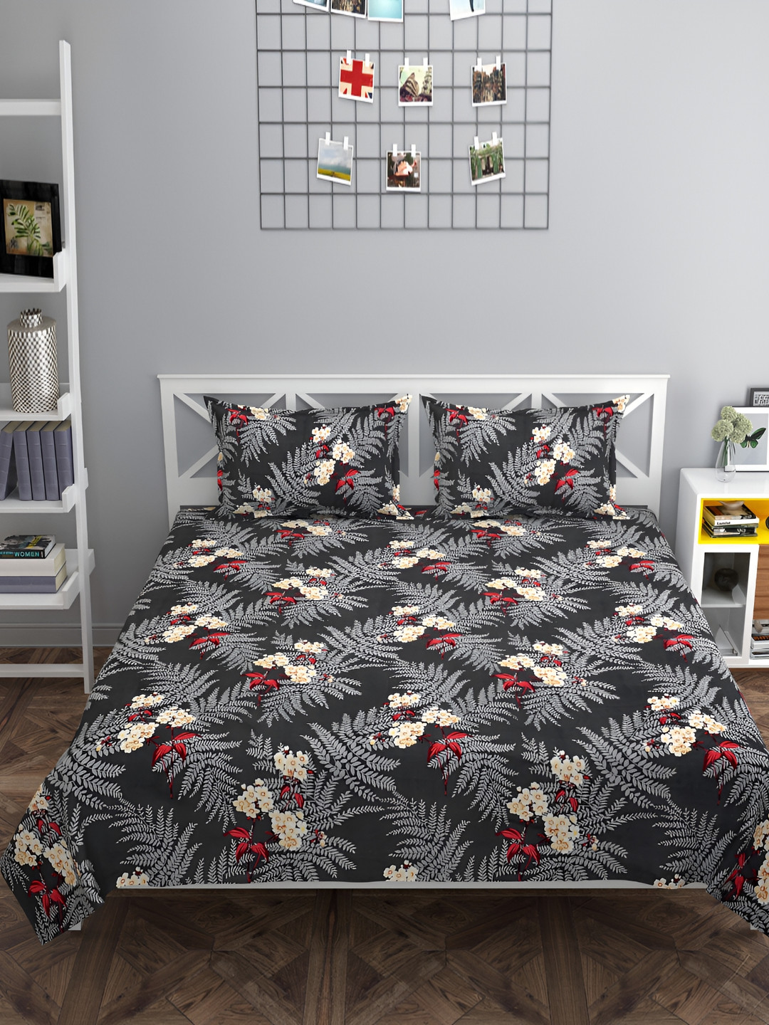 FINE TEX WORLD Black Floral Microfiber 210 TC King Fine Bedsheet with 2 Pillow Covers-78 x 72 inches