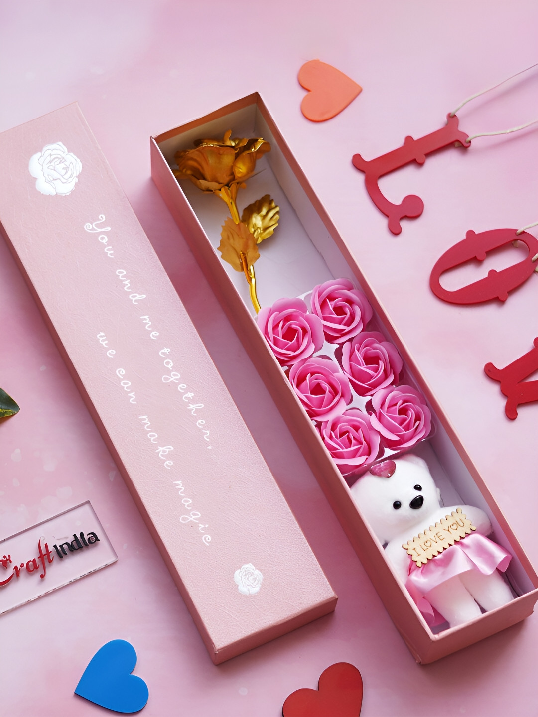 eCraftIndia Pink Rose Flowers & Teddy Bear Valentine's Day Gift Set